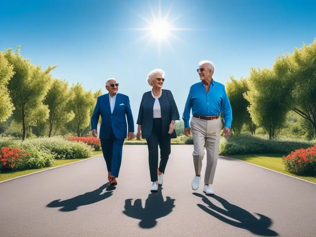 Estilo y vitalidad: Moda en calzado para seniors en el parque Un grupo de seniors elegantes caminan con confianza en el parque luciendo calzado adecuado para seniors