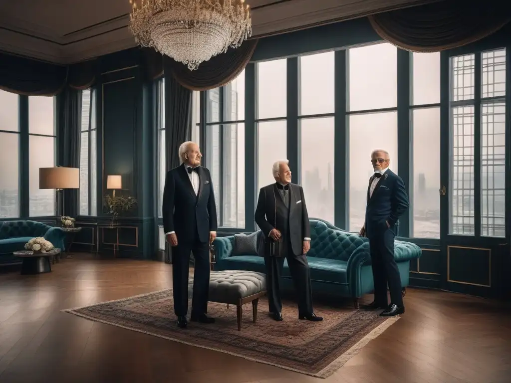 Estilo y elegancia atemporal: Seniors sofisticados en ballroom de lujo Grupo de seniors elegantes en un lujoso salón contemporáneo