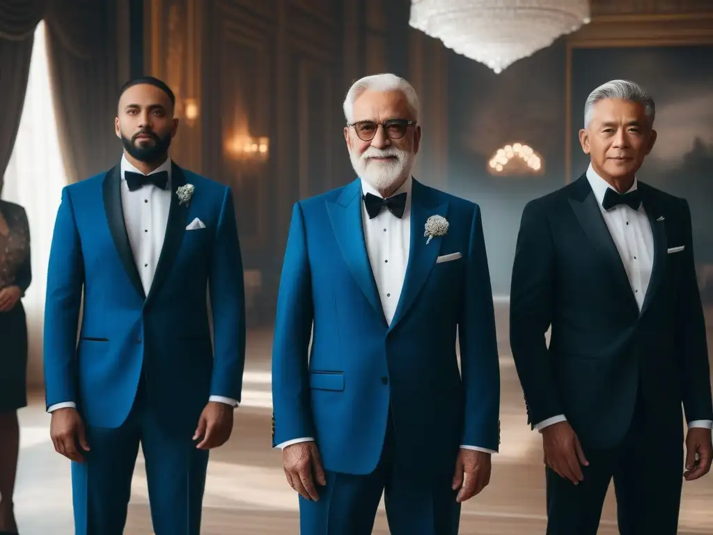 Grupo de elegantes personas mayores en evento sofisticado Un grupo de elegantes personas mayores con vestuario senior para ocasiones especiales, mostrando confianza y estilo en un evento sofisticado