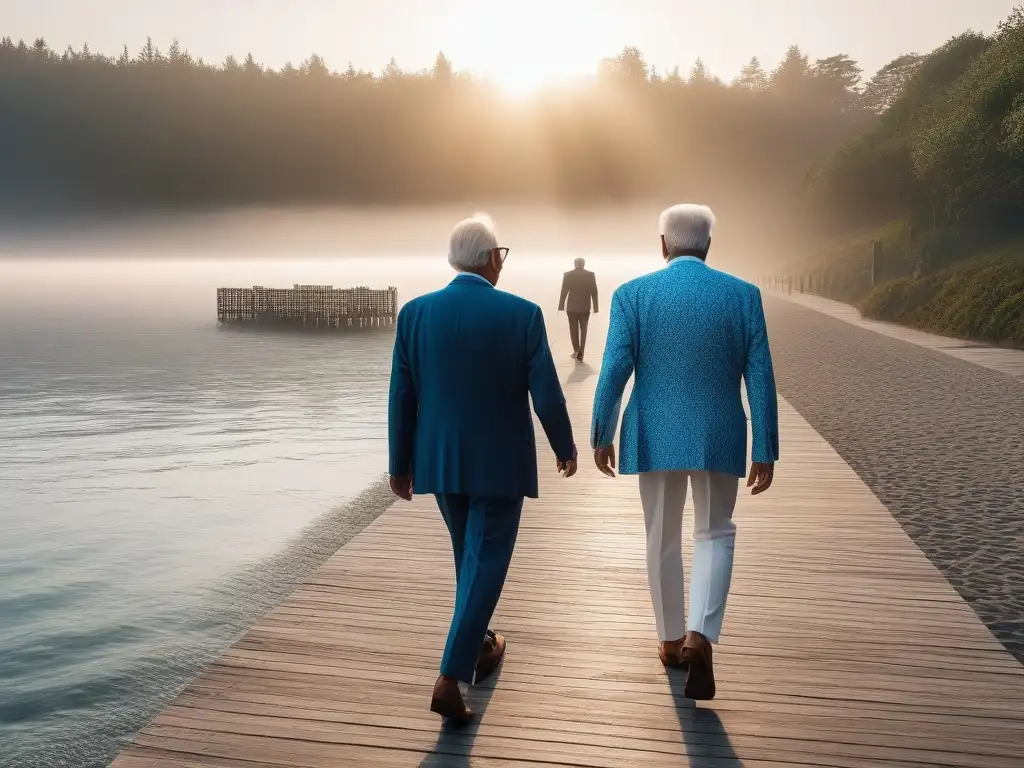 Moda veraniega para seniors: elegancia y estilo en la playa Grupo de seniors elegantes paseando en la playa al atardecer con moda veraniega para seniors