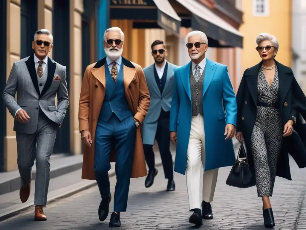 Elegante fusión de tendencias: Seniors urbanos con estilo Un grupo de seniors elegantes combinando tendencias juveniles con estilo senior consejos en una calle urbana