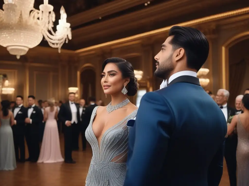 Estilo y elegancia atemporal: Seniors radiantes en gala de lujo Grupo de seniors elegantes en trajes de gala en lujoso salón con chandeliers y arreglos florales