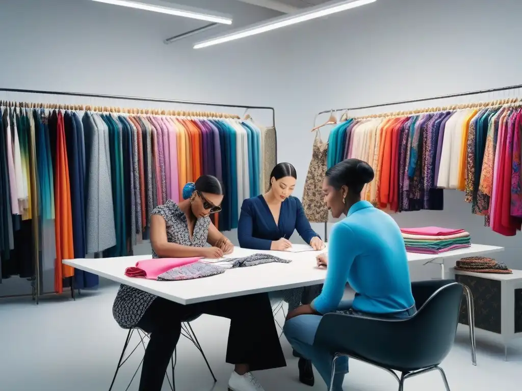 Equipo creativo de diseñadores de moda diverso en estudio vibrante Grupo de emprendedores de moda inclusiva creando juntos en estudio moderno y colorido, historias de éxito