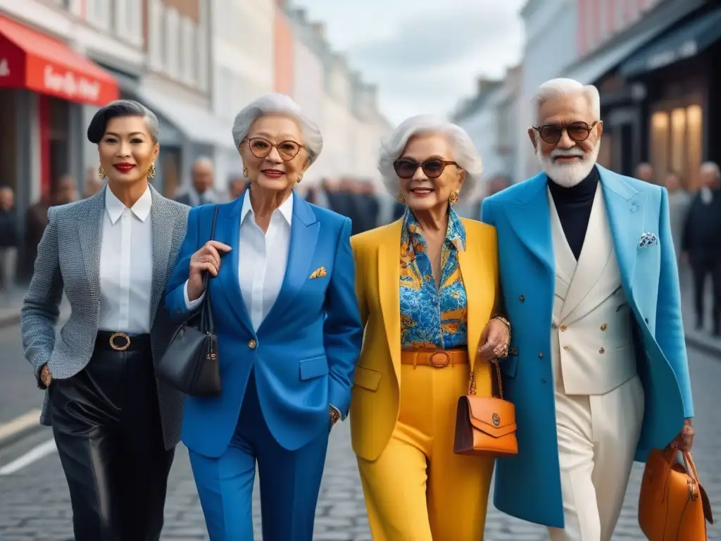 Seniors empoderados: moda urbana y estilo chic en la ciudad Un grupo de seniors con estilo pasea confiado por la ciudad, luciendo outfits modernos y chic