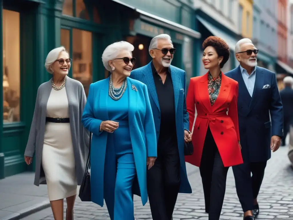 Estilo senior: moda diversa y vibrante en la ciudad Un grupo de seniors con estilo camina con confianza por la ciudad, mostrando moda para tallas grandes en un ambiente vibrante y moderno
