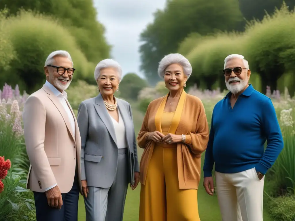 Moda sostenible: Estilo y elegancia en la tercera edad Un grupo de seniors con estilo posa en moda sostenible ecofriendly en un jardín, fusionando elegancia y naturaleza