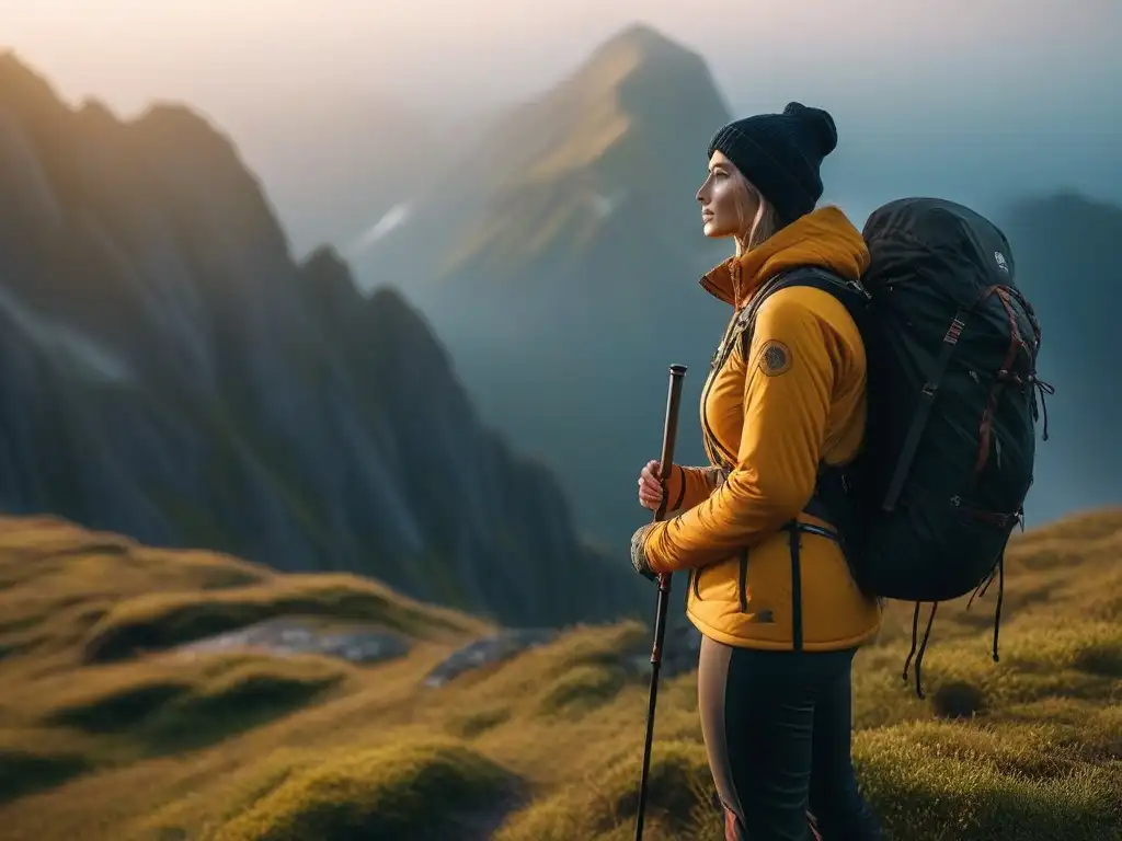 Equipo diverso conquista cumbre al atardecer Un grupo de excursionistas diversos en la cima de una montaña, disfrutando de la moda outdoor inclusiva para todos al atardecer