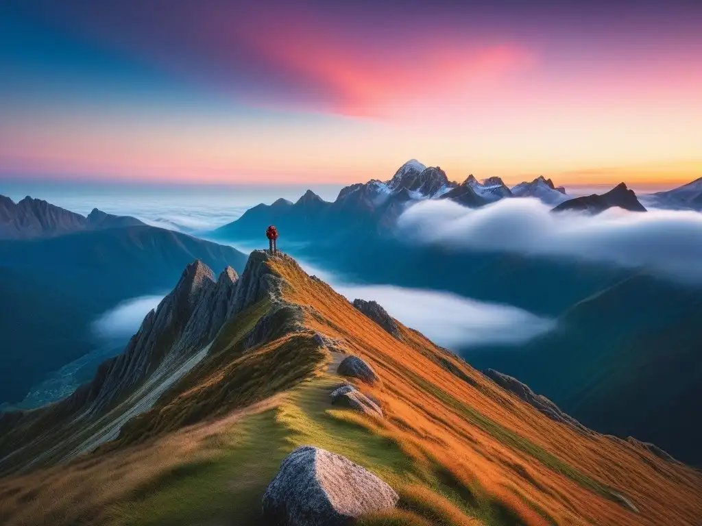 Hikers diversos conquistan cumbre al amanecer Grupo de excursionistas diversos, con equipamiento fitness outdoor todas tallas, en la cima de una montaña al amanecer