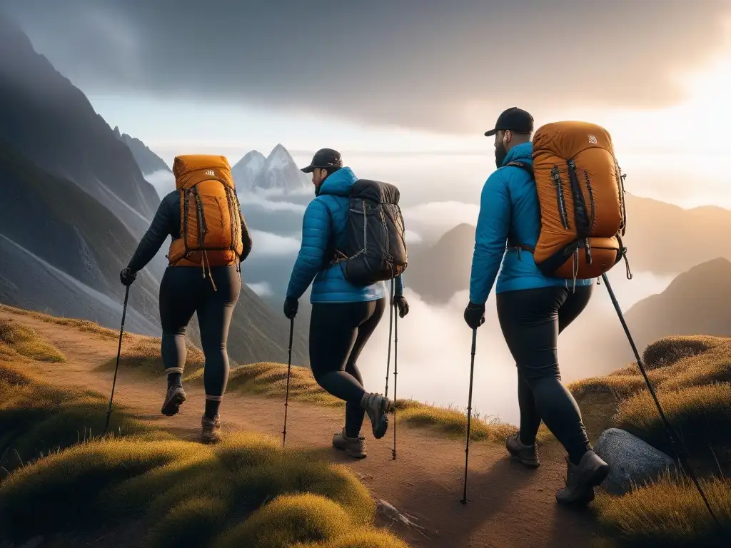Excursión plus size: empoderamiento en la montaña Un grupo de excursionistas plussize equipados con equipamiento fitness outdoor todas tallas, subiendo con confianza una empinada montaña al atardecer