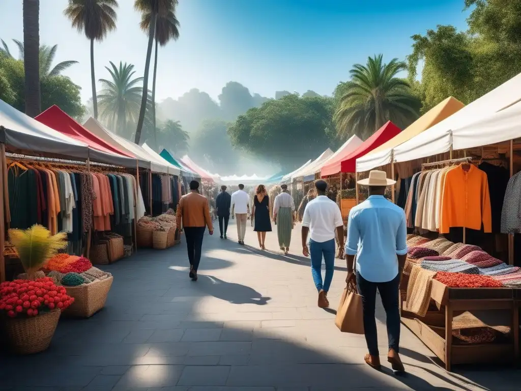 Moda diversa en mercado vibrante: fashionistas únicas bajo el sol tropical Un grupo de fashionistas diversos disfruta de un vibrante mercado al aire libre