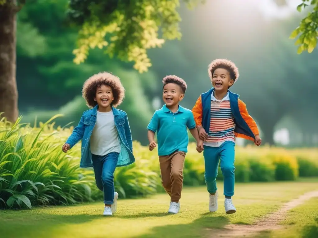 Niños felices en parque verde con moda vegana y sostenible Grupo feliz de niños de diversas edades y estilos, vistiendo ropa vegana, jugando en el parque