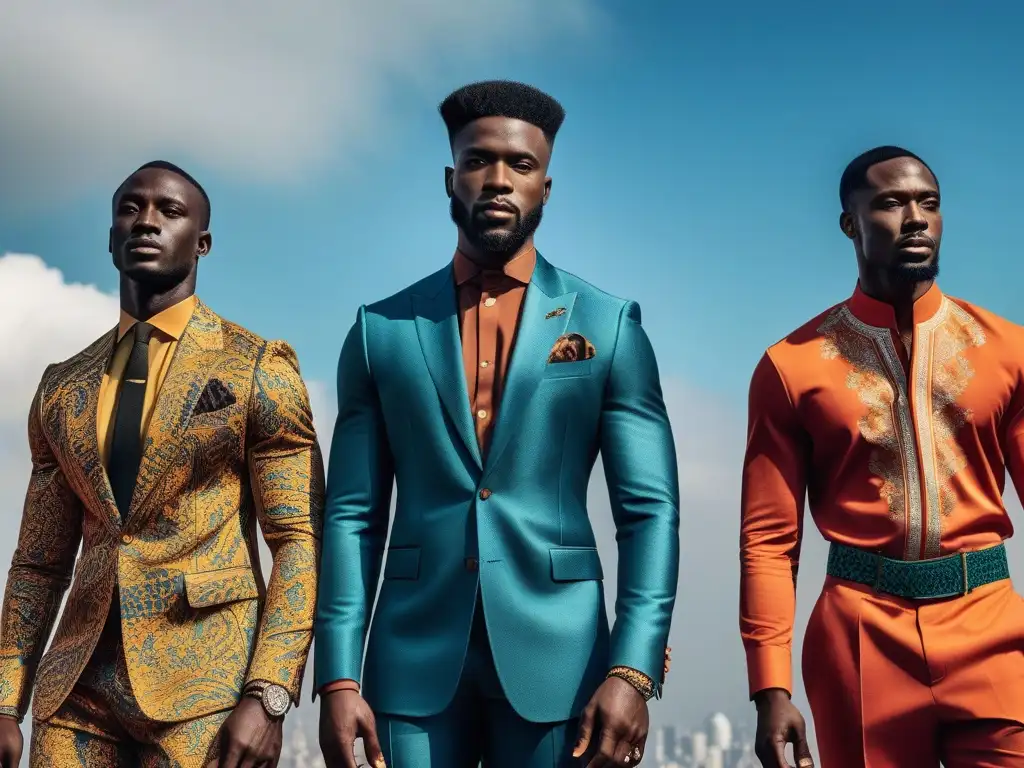 Moda masculina africana: diversidad, estilo y empoderamiento Un grupo de hombres africanos vestidos con moda masculina inclusiva de diferentes culturas, fusionando tradición e innovación en una ciudad vibrante
