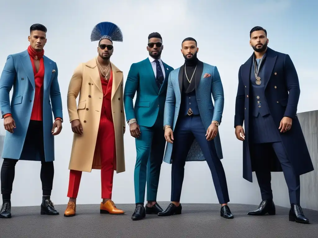 Moda masculina inclusiva: diversidad cultural en la ciudad Grupo de hombres de diversas culturas en moda masculina inclusiva, fusionando tradición y modernidad en un entorno urbano contemporáneo