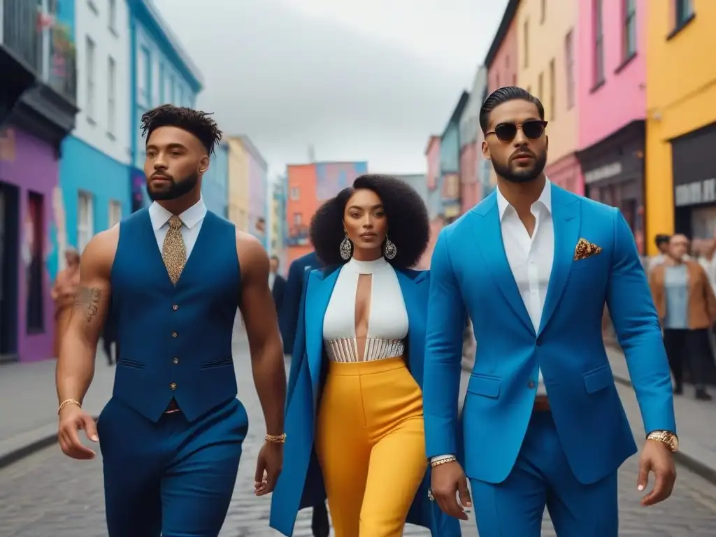 Desfile de moda inclusiva y diversa en la ciudad Un grupo de hombres diversos caminan con confianza por la ciudad, vistiendo atuendos incluyentes y a la moda
