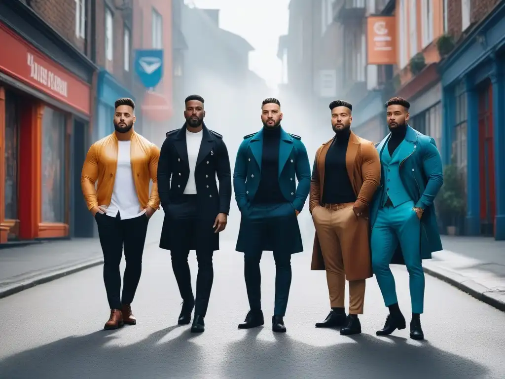 Estilo urbano: hombres diversos y seguros mostrando su moda en la ciudad Un grupo de hombres diversos y con estilo posando con confianza en la ciudad, luciendo outfits a la moda que resaltan su estilo único