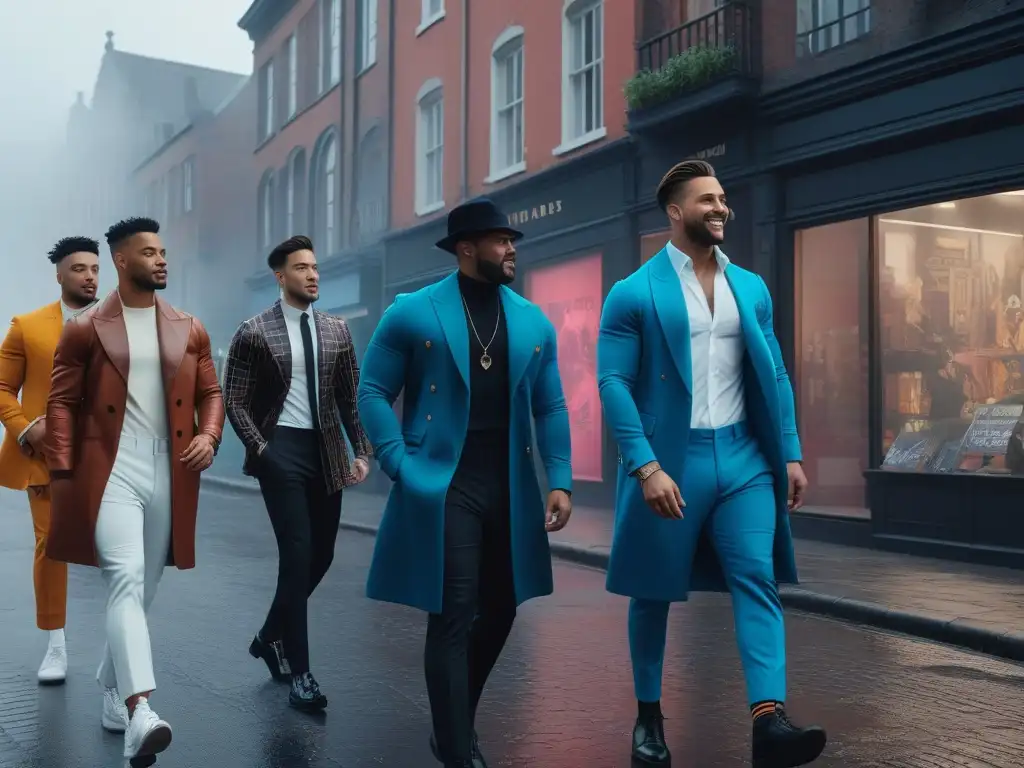 Moda inclusiva: hombres diversos caminan con estilo por la ciudad Un grupo de hombres diversos y estilosos caminan con confianza por la ciudad, vistiendo moda inclusiva de diversas marcas