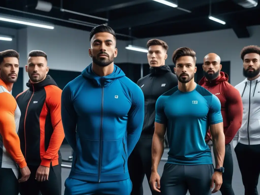 Revolutionary activewear: hombres diversos y seguros en un gimnasio moderno Un grupo de hombres diversos y seguros, con ropa deportiva inclusiva para hombres, mostrando fuerza y unión en un gimnasio moderno