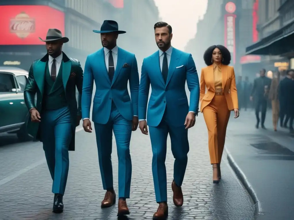 Moda masculina inspirada en cine y TV: paseo urbano con estilo Un grupo de hombres con estilo diverso y único pasea por la ciudad, inspirados en personajes icónicos de cine y televisión