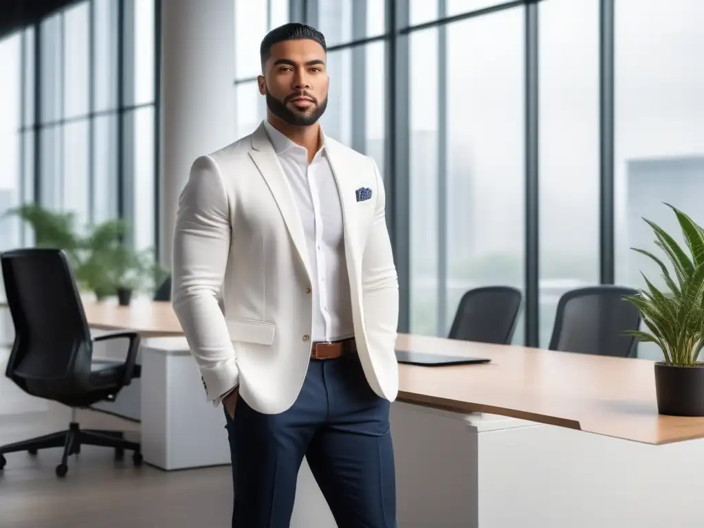 Equipo diverso y profesional en oficina moderna Un grupo de hombres profesionales diversos, vistiendo atuendos elegantes e inclusivos, mostrando confianza y estilo en una oficina moderna
