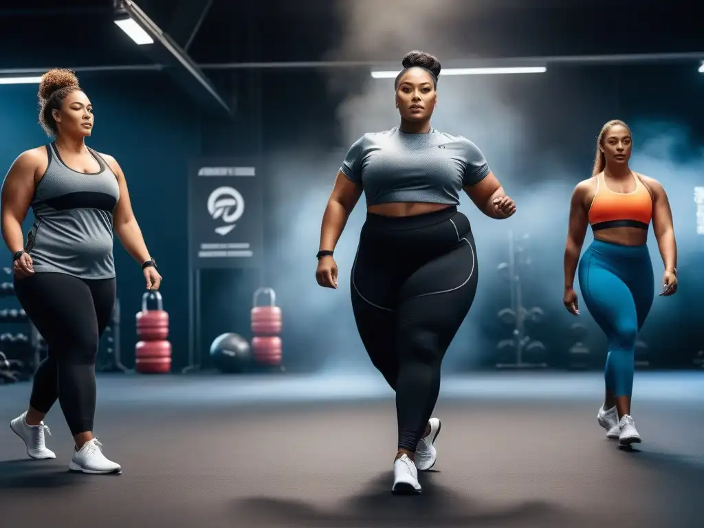Empoderamiento plussize: diversidad y estilo en fitness Un grupo inclusivo de plussize en moda activewear plus size inclusiva, ejercitándose con determinación y gracia en un gimnasio moderno y vibrante