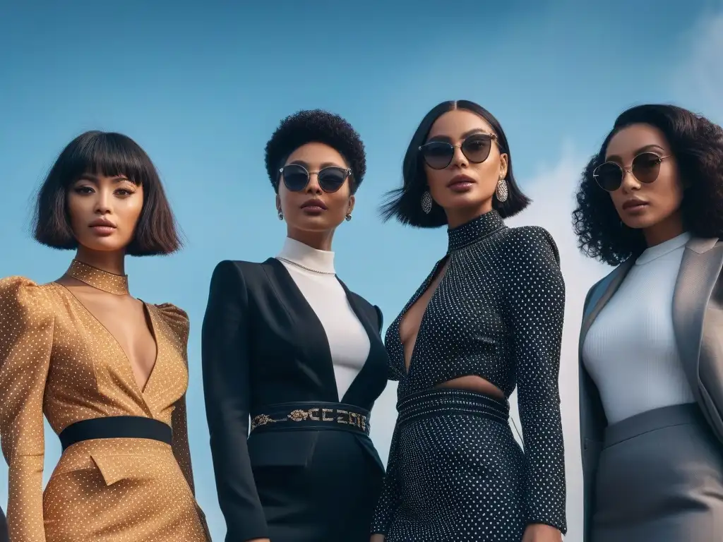 Influencers de moda mostrando estilo y confianza en grupo Un grupo de influencers petite exhibiendo estilos diversos con confianza y profesionalismo en un entorno moderno y elegante