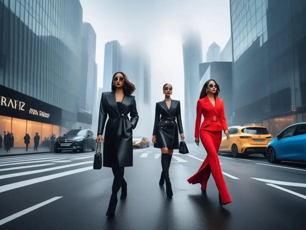 Moda urbana: íconos fashion desfilando con confianza Un grupo inspirador de iconos de moda petite desfilando por la ciudad con estilo único, entre rascacielos y tráfico