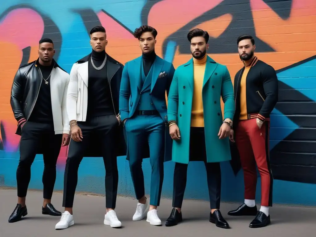 Moda masculina inclusiva: Estilo y diversidad en la ciudad Un grupo de jóvenes diversos y estilosos redefine la masculinidad con moda inclusiva en un entorno urbano con grafitis coloridos