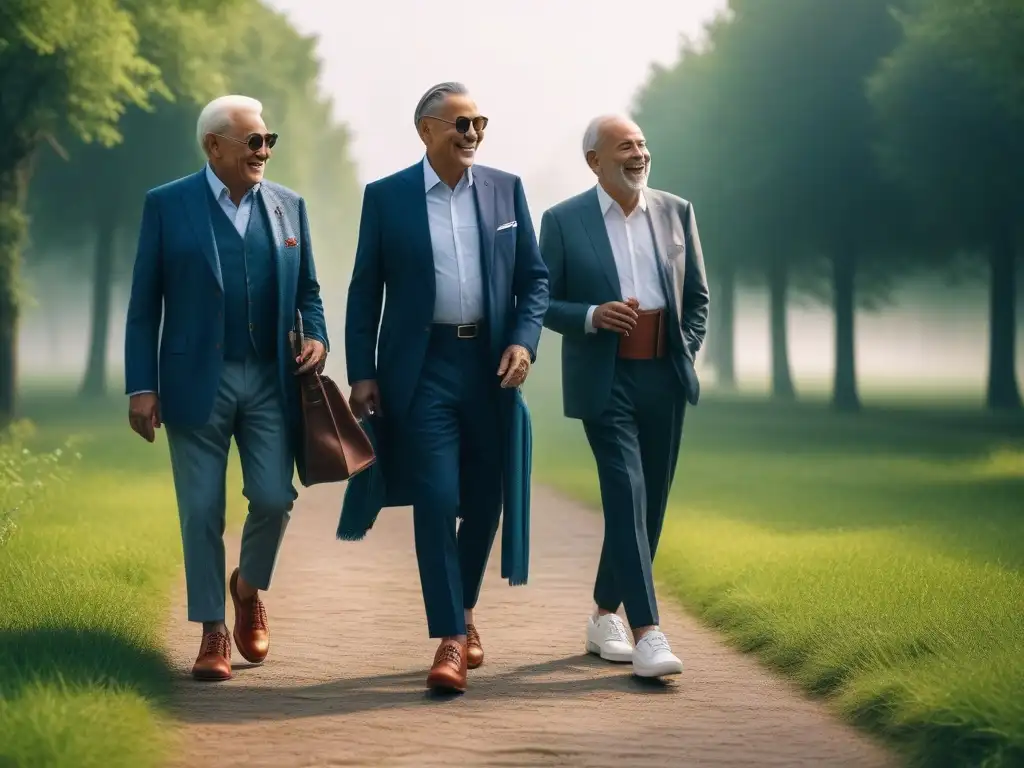 Zapatos cómodos para caminar: estilo moderno para adultos mayores activos Un grupo de jubilados sonrientes pasea por el parque luciendo calzado adecuado para seniors, combinando estilo y comodidad en cada paso