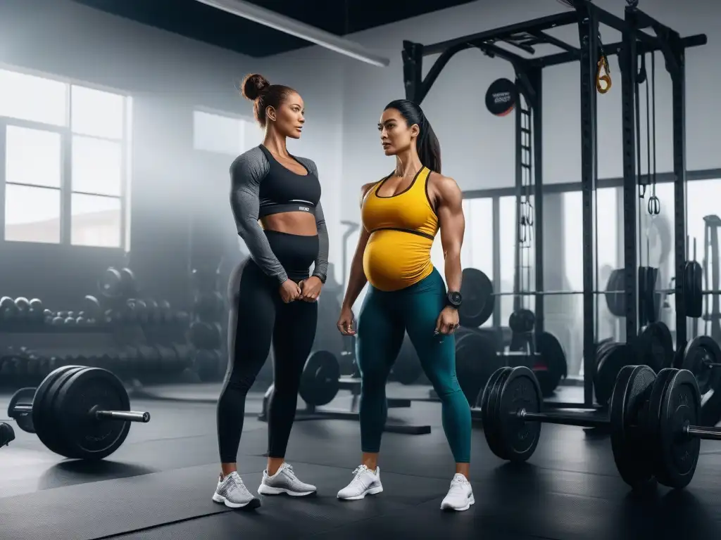 Madres empoderadas: diversidad y fuerza en el gimnasio moderno Un grupo de madres diversas y empoderadas entrenando juntas en un gimnasio, reflejando distintas etapas de la maternidad con fuerza y determinación