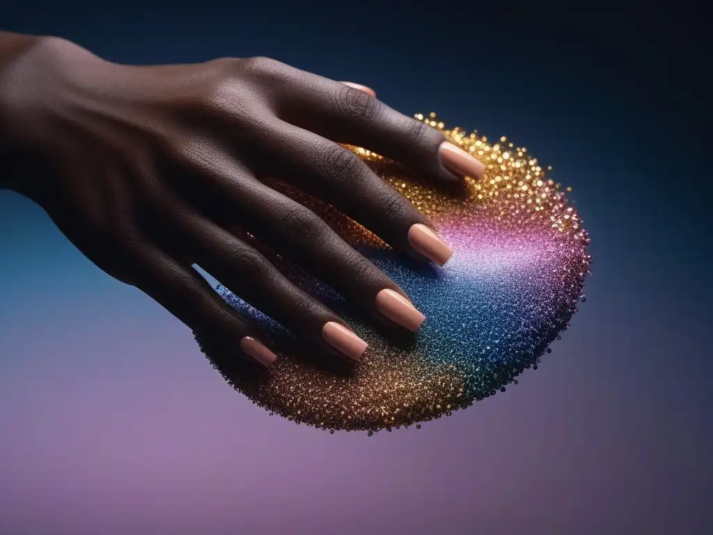 Manos diversas resplandecientes: belleza en la diversidad Grupo de manos diversas con iluminador, resaltando belleza única