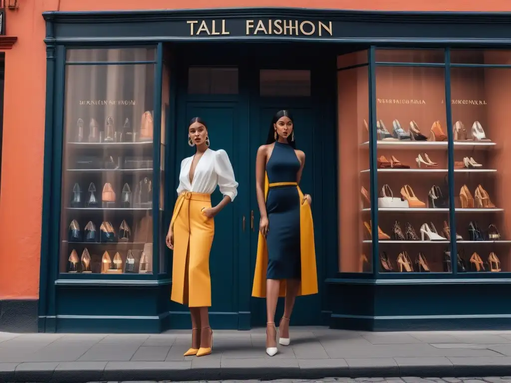 Modelos de moda alta innovadora frente a tienda trendy Un grupo de modelos altos y seguros, vestidos con estilo frente a una tienda de moda alta