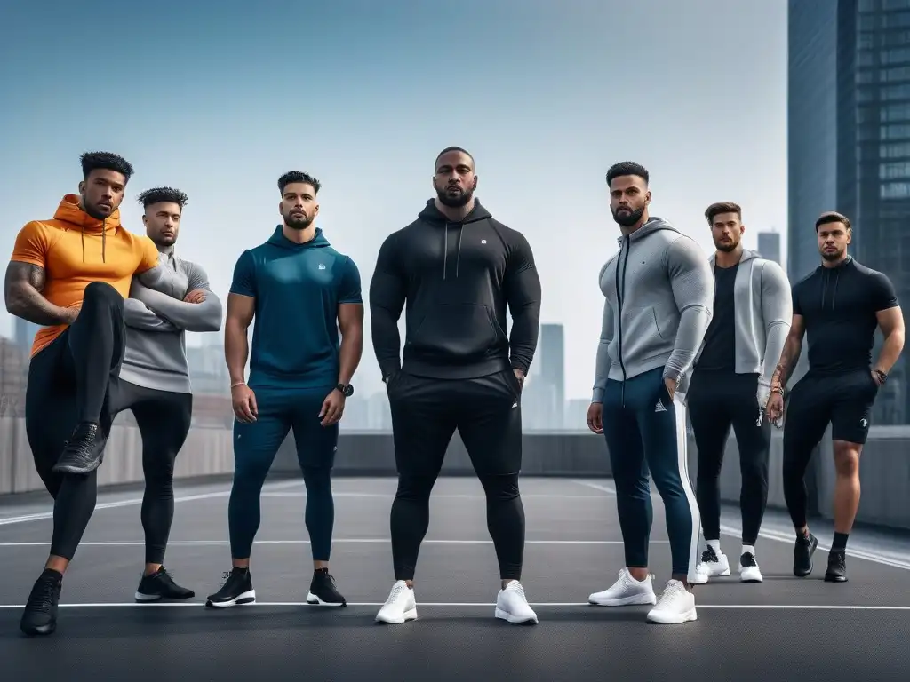 Atuendos athleisure: moda inclusiva para hombres de todas las formas Grupo de modelos masculinos diversos luciendo ropa athleisure para cuerpos masculinos en ambiente urbano, reflejando confianza y estilo