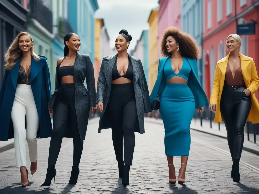 Desfile de moda: mujeres altas y seguras en la ciudad Un grupo de mujeres altas y diversas, seguras y sonrientes, caminando juntas por la ciudad en outfits de moda tall y diversidad corporal