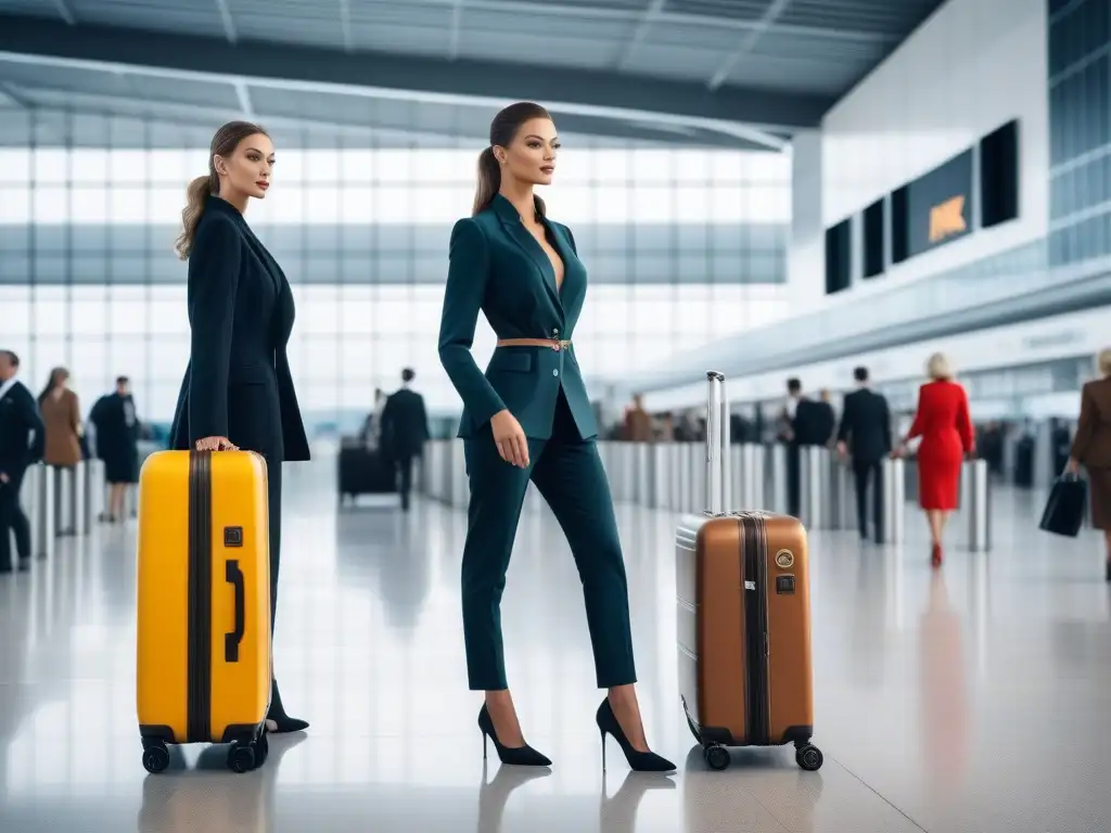 Estilo y confianza: Mujeres altas en elegante aeropuerto Un grupo de mujeres altas y elegantes, con estilos sofisticados, seguras en una terminal de aeropuerto moderna