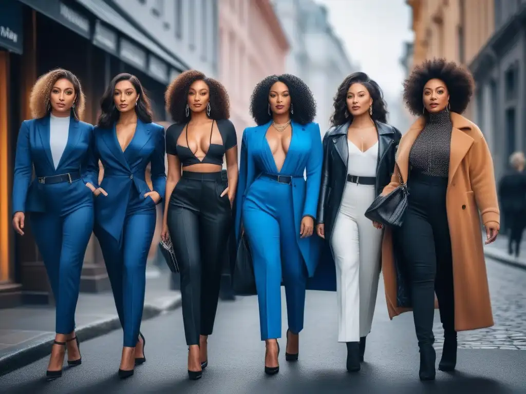 Moda inclusiva: mujeres altas lucen confianza en la ciudad Un grupo de mujeres altas y seguras, luciendo moda inclusiva y elegante en una calle de la ciudad