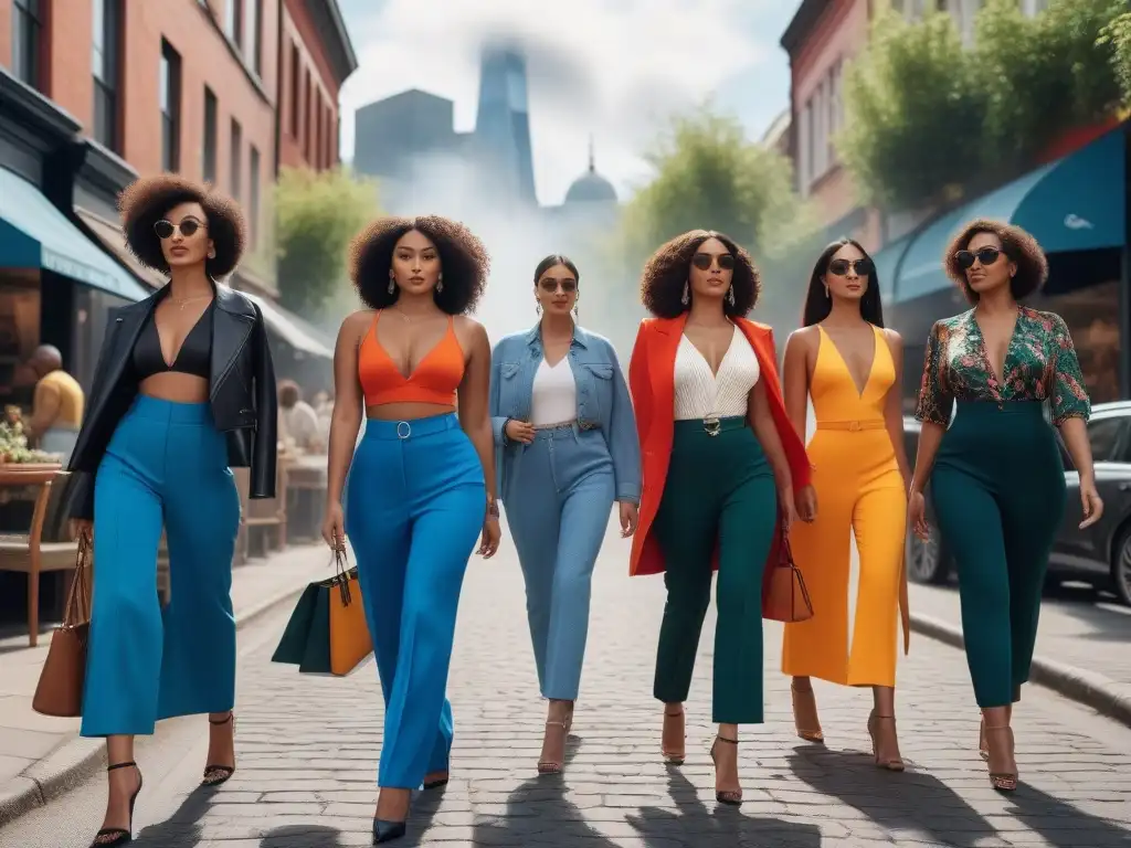 Altas y seguras: mujeres empoderadas luciendo moda veraniega en la ciudad Un grupo de mujeres altas y seguras caminan por la ciudad luciendo moda verano tallas altas con estilo y confianza