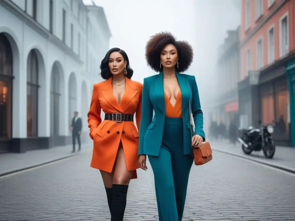 Moda inclusiva: Mujeres altas lucen estilo único y confianza en la ciudad Un grupo de mujeres altas, seguras y diversas luciendo estilos únicos de marcas moda inclusiva para altas en urbano escenario moderno