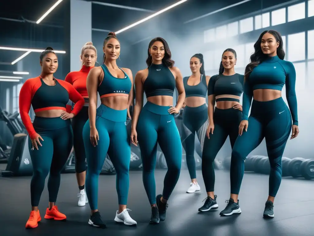 Empoderamiento en la moda deportiva inclusiva Un grupo de mujeres diversas, sonrientes y seguras, posando juntas en moda deportiva tallas grandes inclusiva en un gimnasio moderno y motivador
