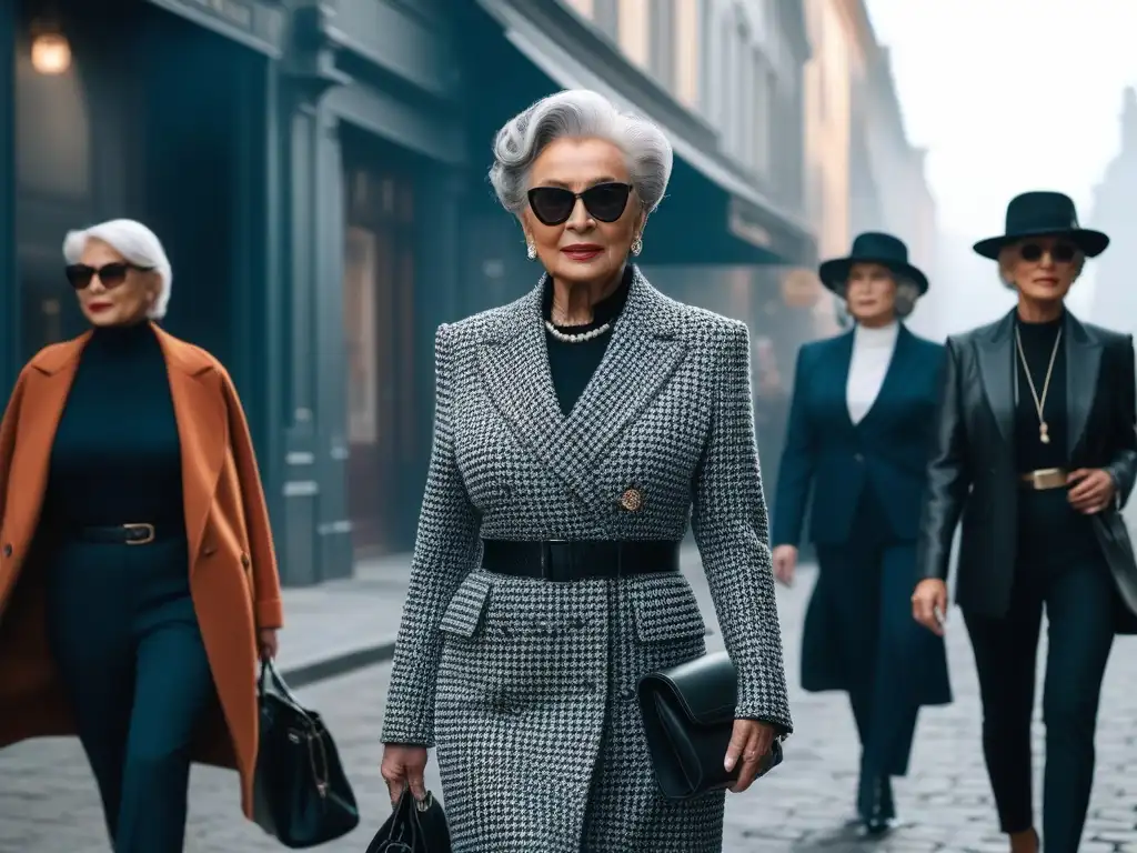 Elegantes mujeres mayores pasean con estilo por la ciudad Un grupo de mujeres senior elegantes caminando con confianza por la ciudad, luciendo atuendos modernos que reflejan su rejuvenecido guardarropa