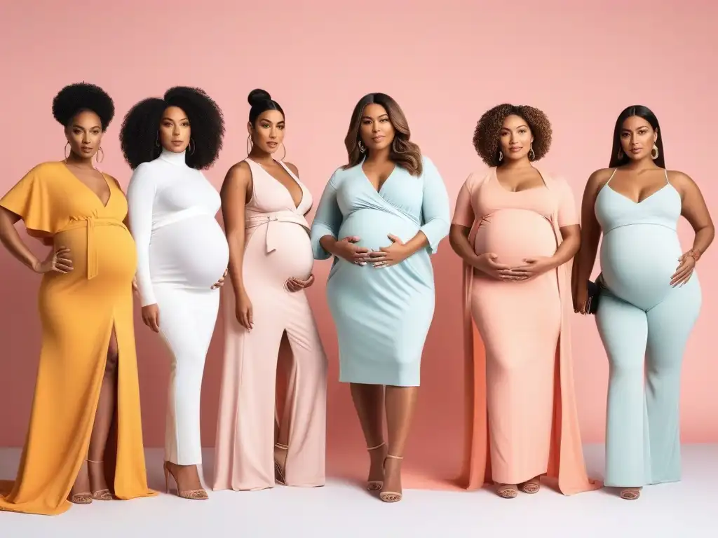 Moda Materna Inclusiva: Celebrando la Diversidad Corporal Grupo de mujeres embarazadas de diversas etnias y siluetas posando con confianza en moda maternal inclusiva, en estudio moderno y luminoso