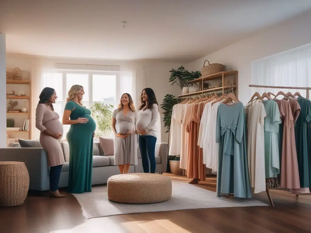 Intercambio de Ropa Materna: Alegría y Amistad entre Futuras Mamás Un grupo de mujeres embarazadas diversas intercambian ropa maternal en un ambiente cálido y acogedor