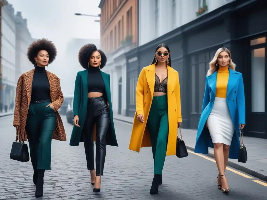 Desfile de moda petite: diversidad y estilo en la ciudad Un grupo de mujeres petite con estilo caminan confiadas por la ciudad, luciendo moda inclusiva y trendy