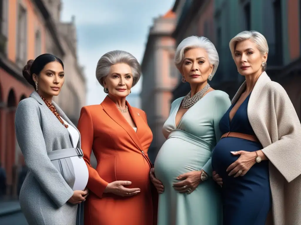 Moda maternidad para mujeres mayores: estilo y elegancia en la ciudad Un grupo de mujeres mayores elegantes y seguras luciendo moda maternal con estilo y confort en un entorno urbano chic