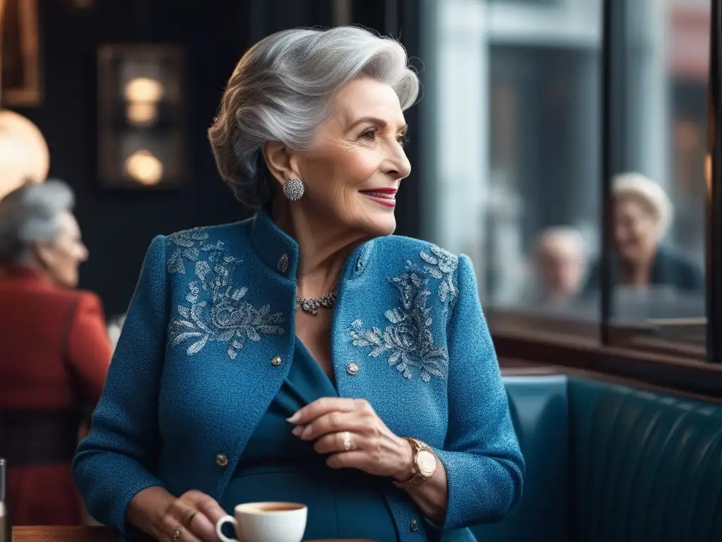 Moda maternal elegante para mujeres mayores: café, risas y complicidad Grupo de mujeres mayores elegantes compartiendo risas y anécdotas en un café trendy, vistiendo moderna moda maternal para mujeres mayores