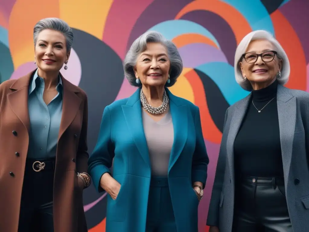 Estilo senior: Mujeres empoderadas ante mural urbano Un grupo de mujeres mayores diversas, elegantes y modernas, frente a un mural colorido en la ciudad