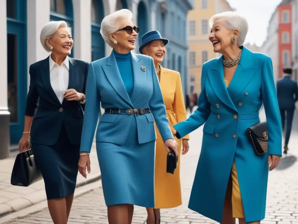 Seniors urbanas: Estilo y elegancia en la ciudad Grupo de mujeres mayores elegantes paseando por la ciudad con Outfits para seniors con estilo, reflejando personalidades únicas y elegancia