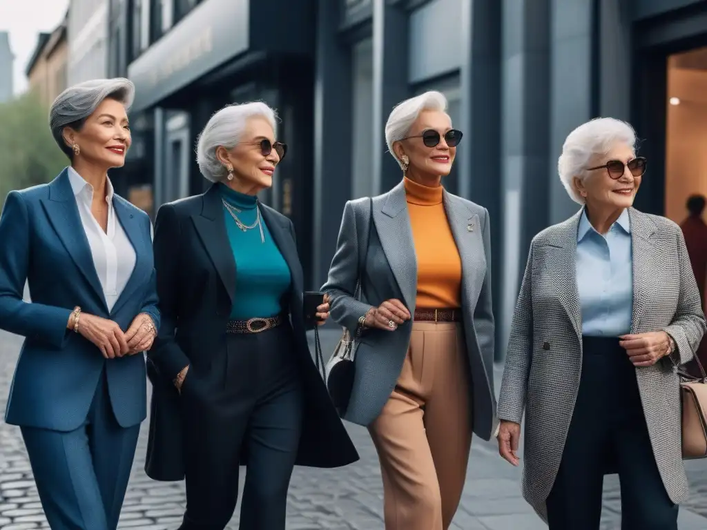 Estilo senior urbano: moda sofisticada y cómoda en la ciudad Un grupo de mujeres mayores con estilo caminando seguras por la ciudad, luciendo atuendos modernos y elegantes que reflejan individualidad