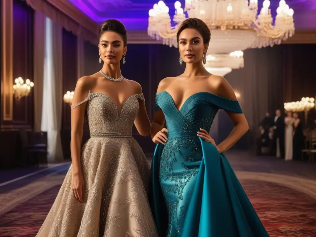 Elegancia radiante: Mujeres mayores en vestidos de gala Un grupo de mujeres mayores en vestidos elegantes de noche, radiantes y seguras, en un escenario lujoso