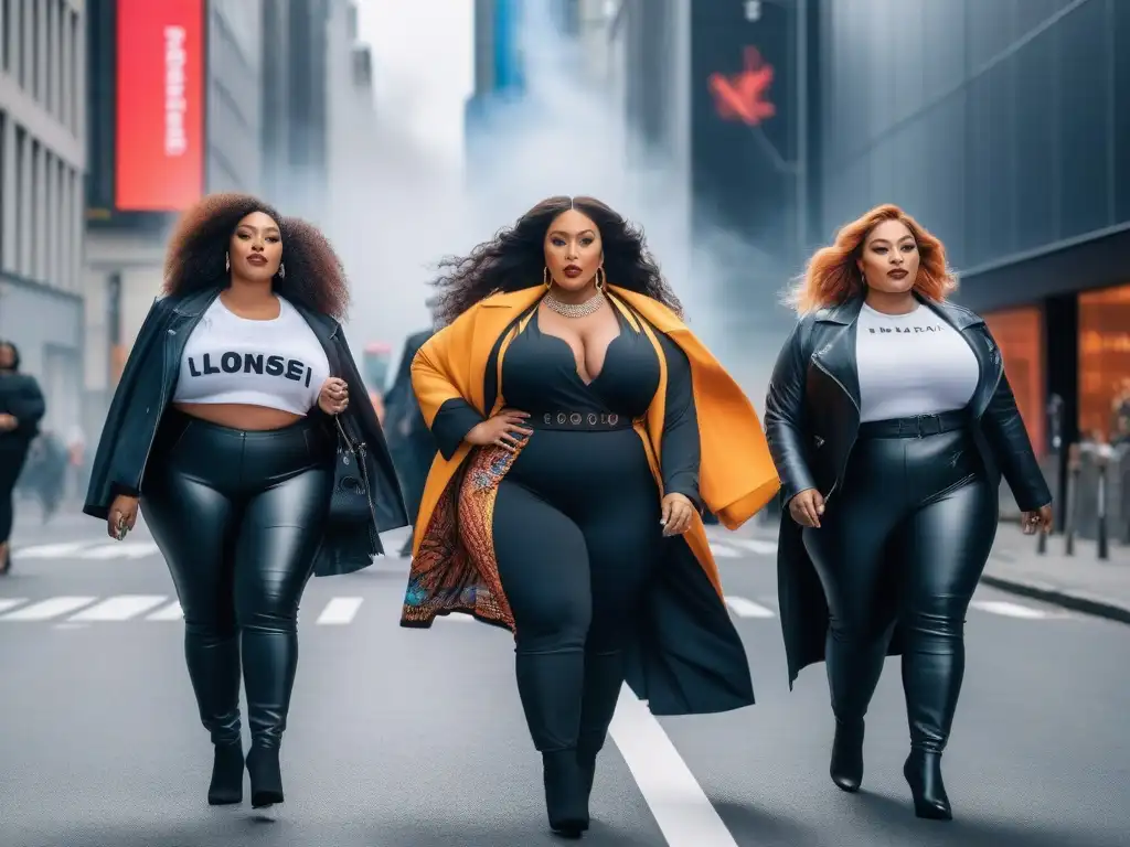 Mujeres de tallas grandes empoderadas paseando por la ciudad Un grupo de mujeres de moda plus size empoderamiento femenino caminando con confianza por la ciudad