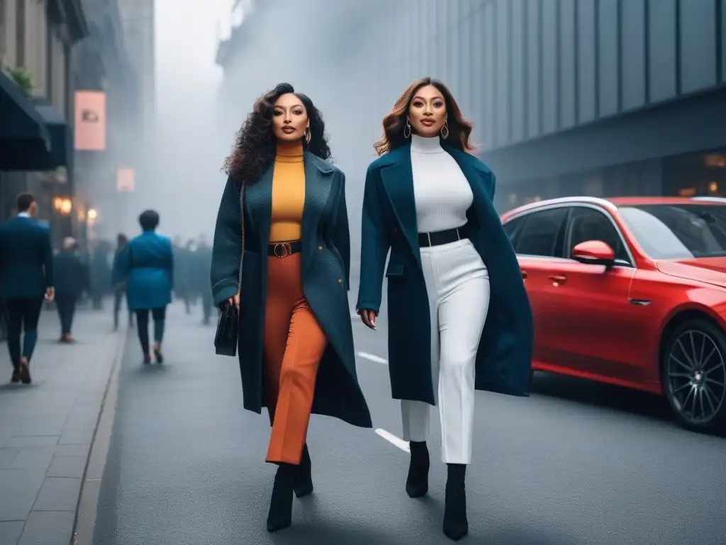 Desfile de moda urbana: mujeres pequeñas empoderadas y seguras de sí mismas Un grupo de mujeres pequeñas y diversas desfilando con estilo por la ciudad, irradiando autoestima y moda petite
